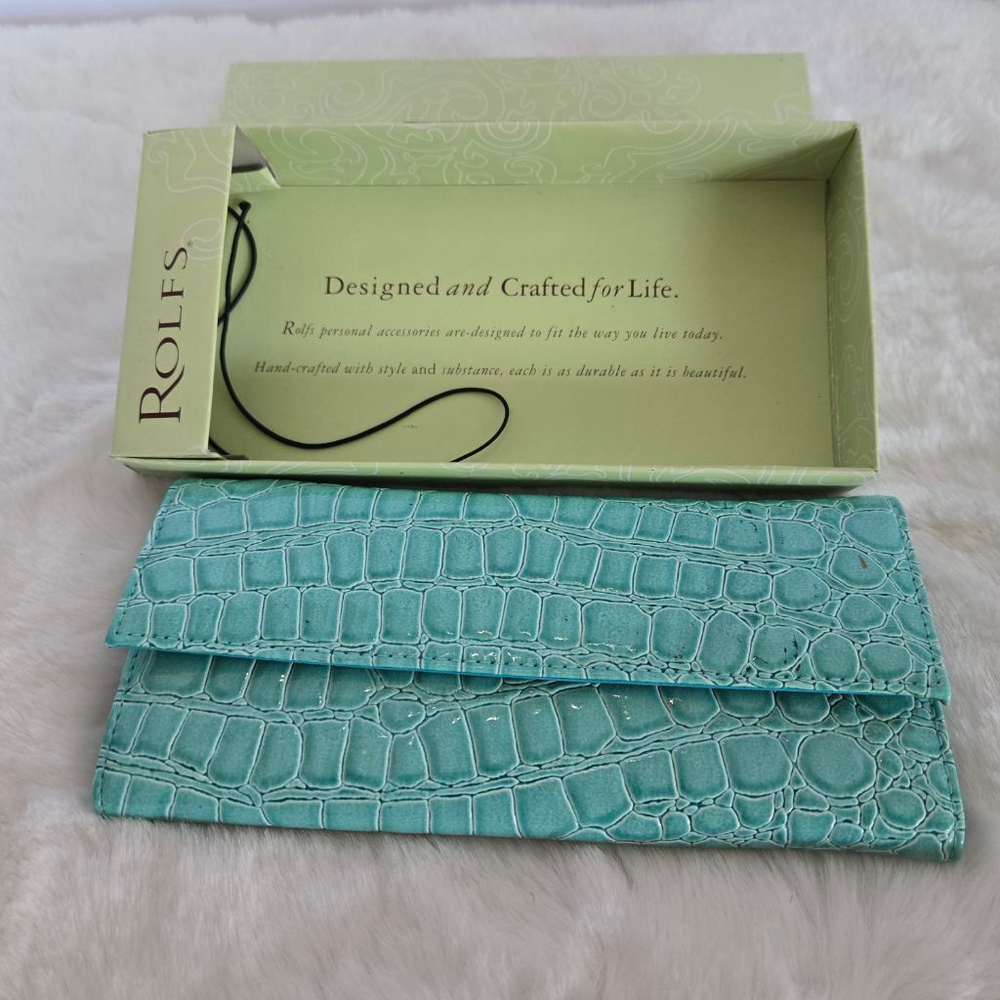 Women's Rolfs Teal Croc Embossed Trifold Long Wallet NWT